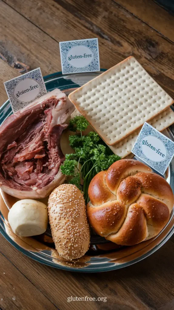Complete gluten-free Passover Seder plate with labeled symbolic foods