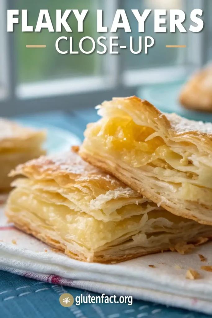 Close-up of flaky layers in homemade gluten-free puff pastry showing perfect lamination