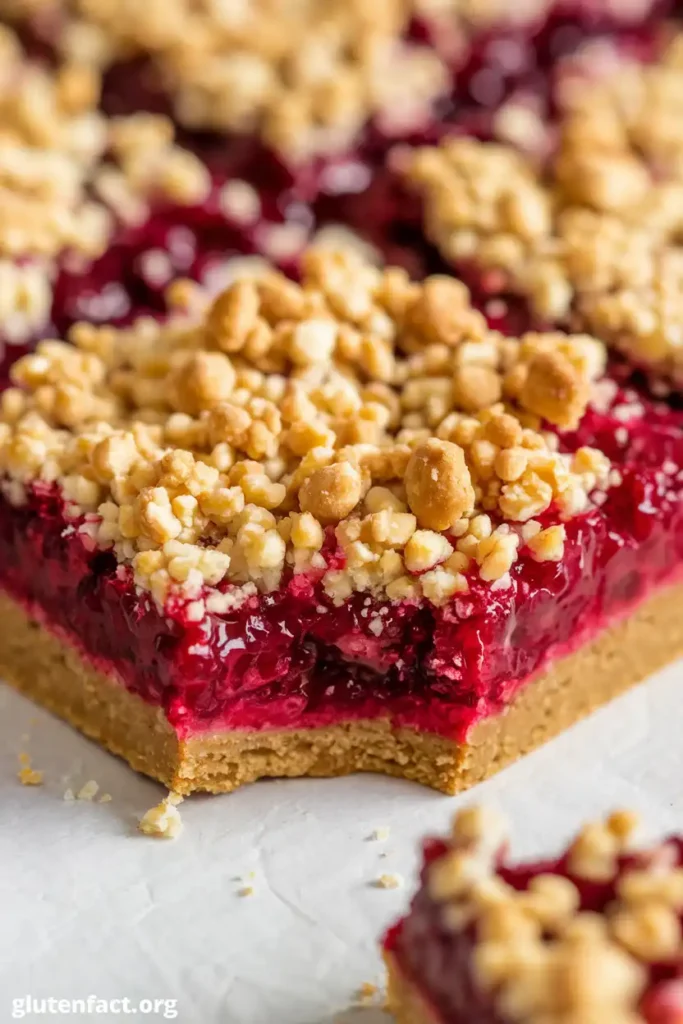 Close-up of layers in gluten-free raspberry bar