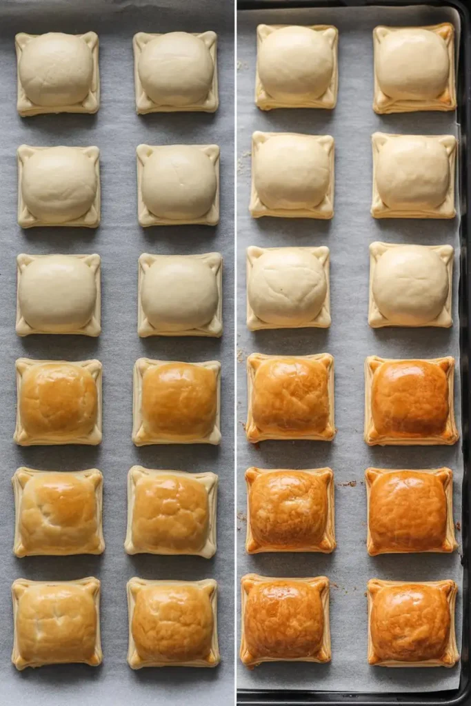 Before and after baking comparison of puff pastry appetizer bites
