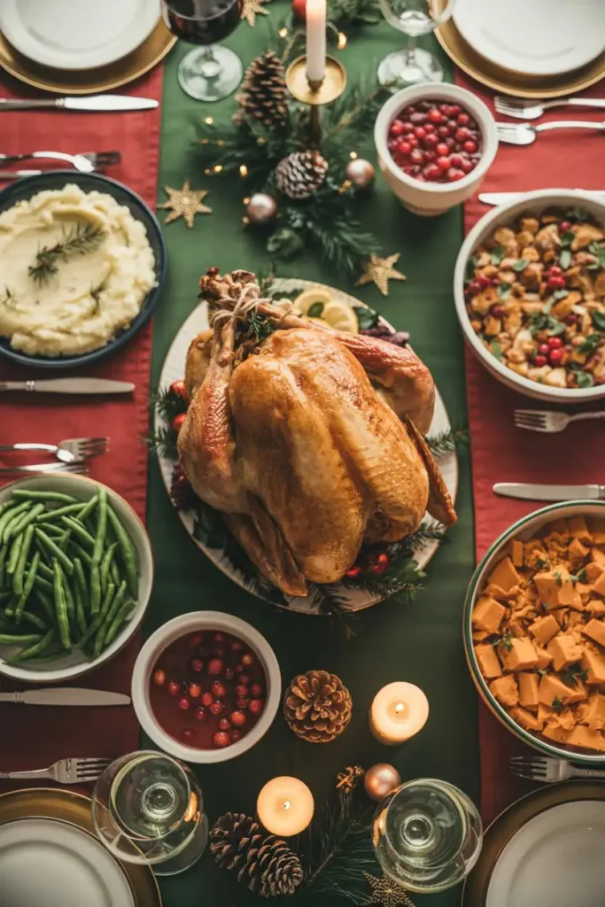 Complete Christmas dinner table with roasted turkey, mashed potatoes, cranberry sauce, and festive holiday decorations