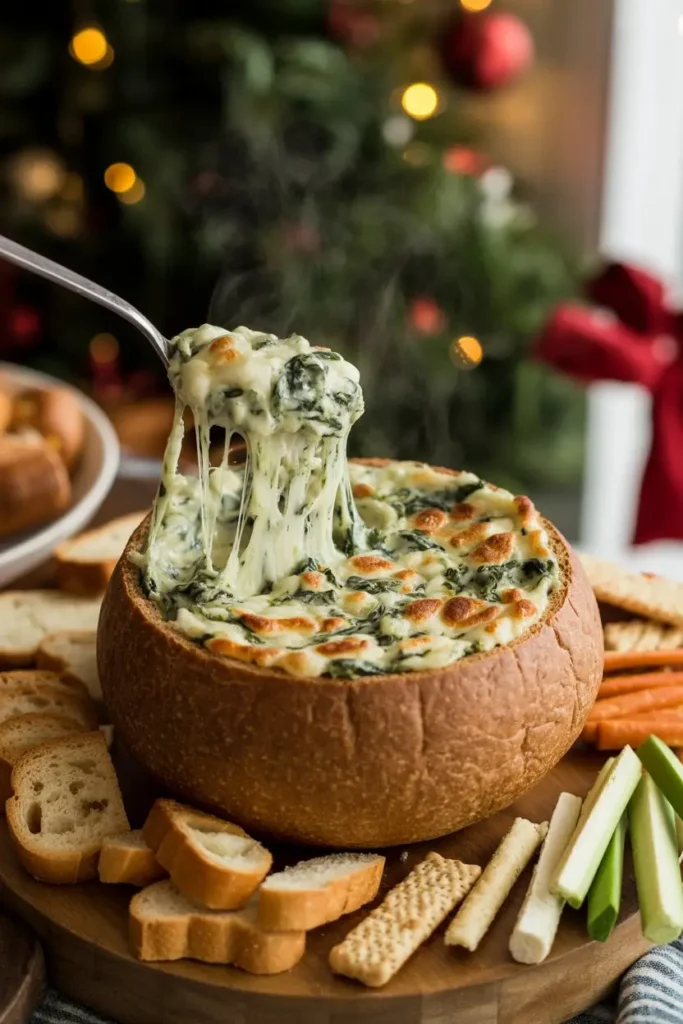 Creamy spinach artichoke dip in bread bowl
