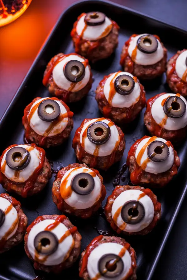 Gluten-free meatball eyeballs Halloween recipe
