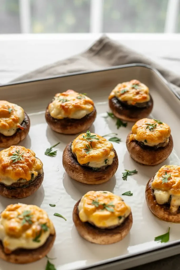 Golden stuffed mushrooms with cheese and herb filling