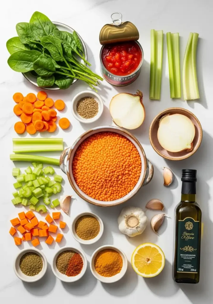 Ingredients for gluten-free vegan lentil soup