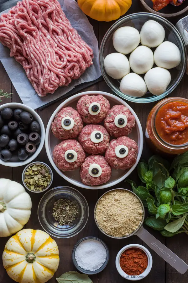Ingredients needed for gluten-free Halloween meatball eyeballs recipe