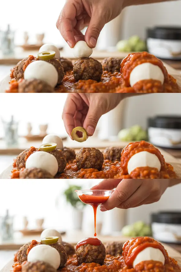 Step-by-step guide for assembling gluten-free Halloween meatball eyeballs