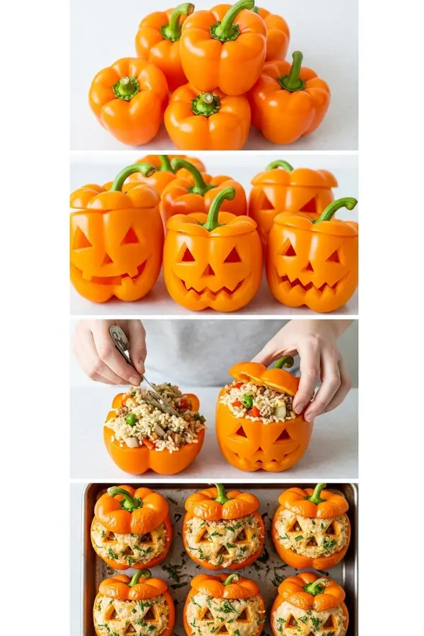 Step by step photo collage showing how to make gluten-free stuffed pepper jack-o-lanterns