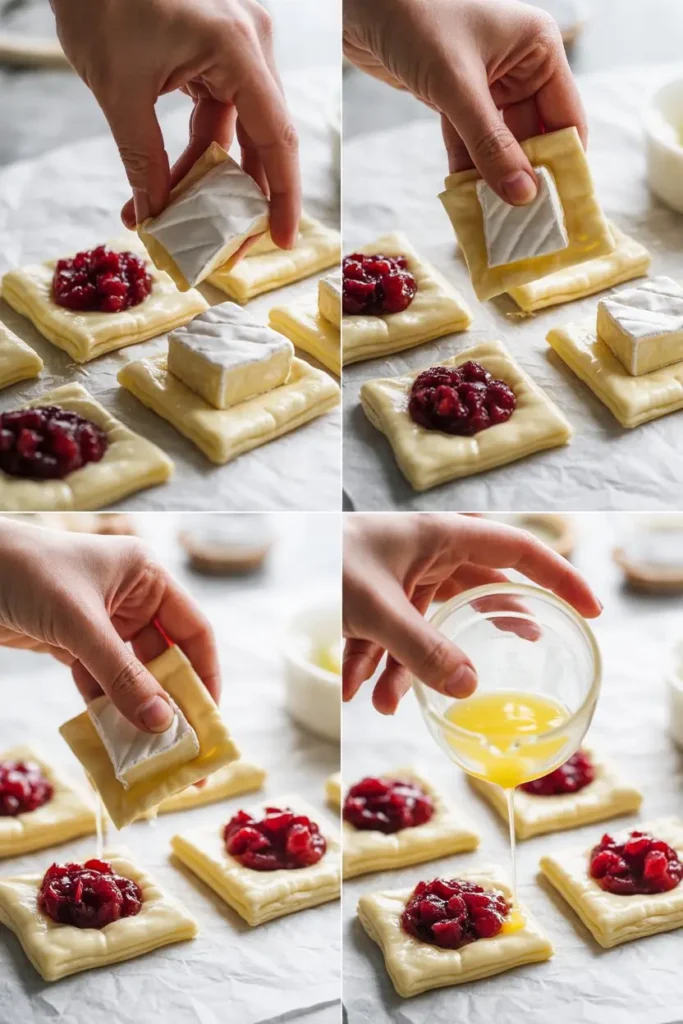 Step by step process of making brie cranberry puff pastry appetizers