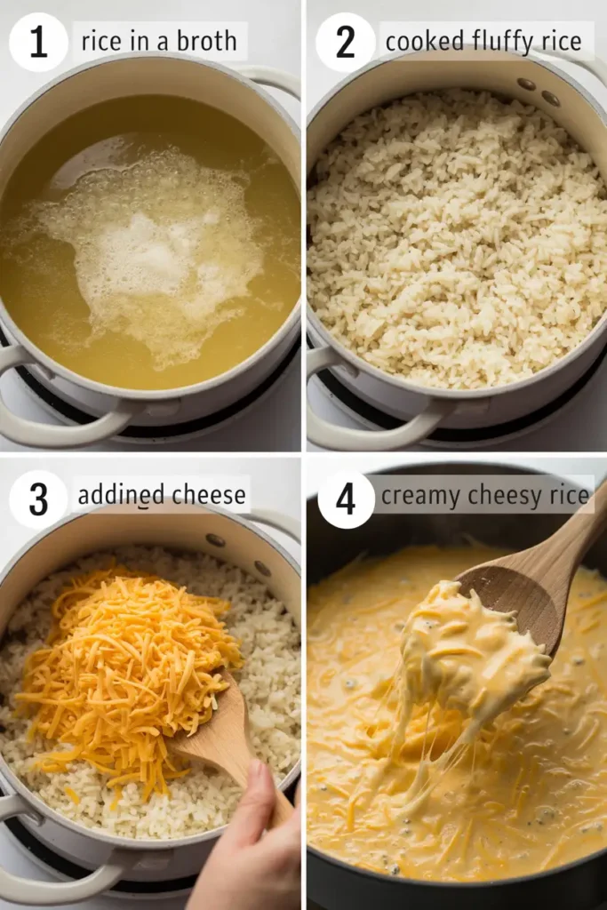 Step-by-step process of making gluten-free cheesy rice