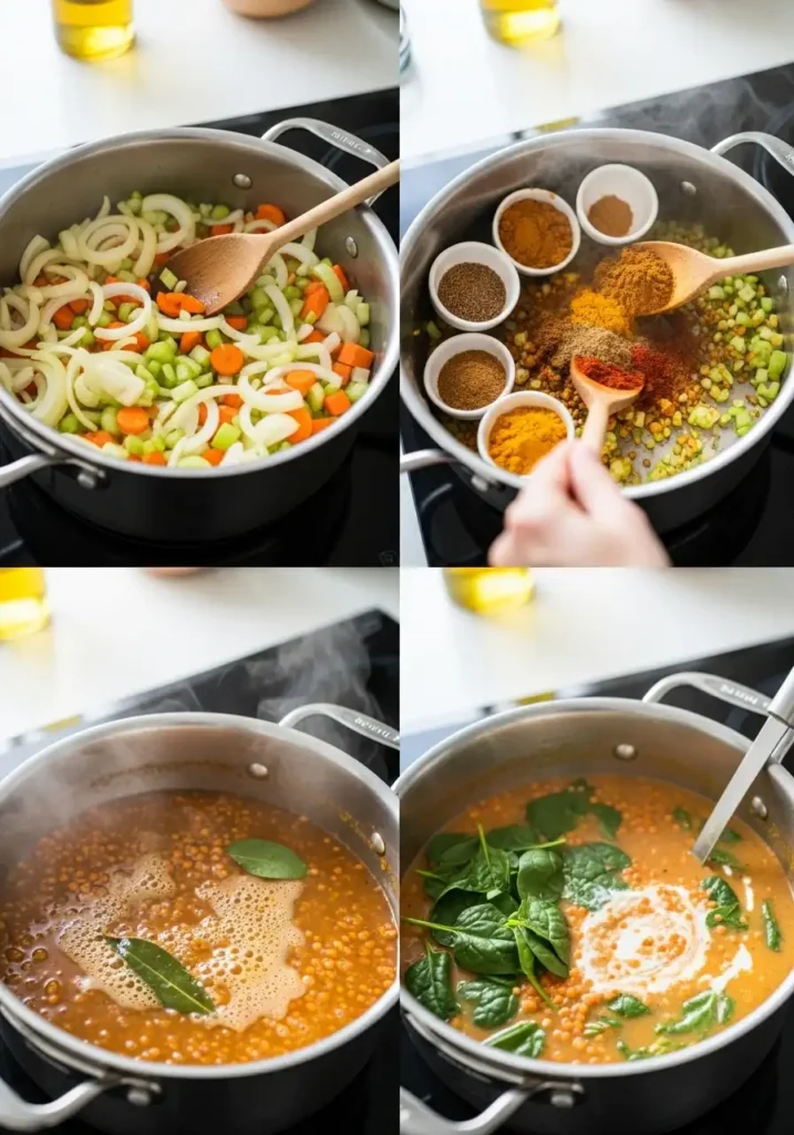 Step by step process of making gluten-free vegan lentil soup