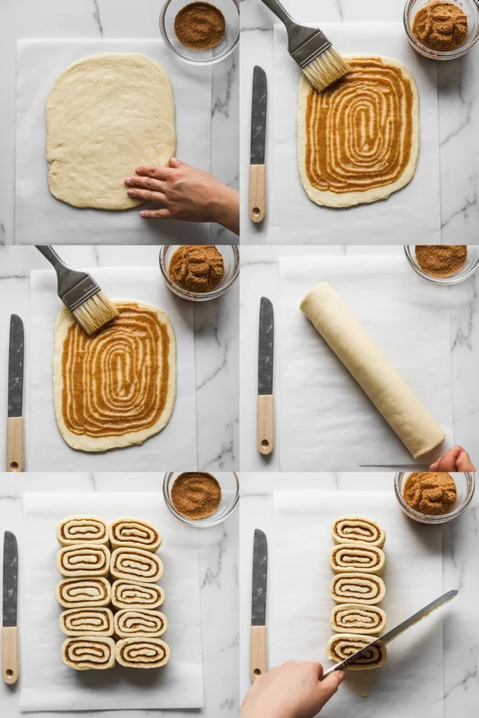 Step-by-step process of rolling and cutting gluten-free cinnamon roll dough