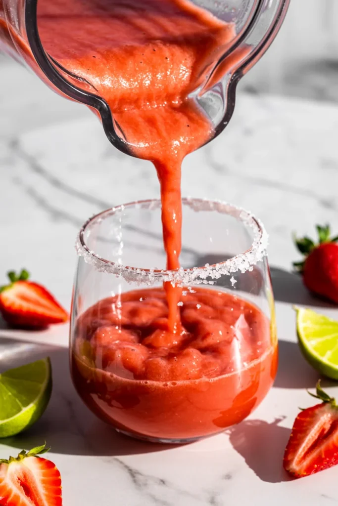 Pouring frozen strawberry margarita