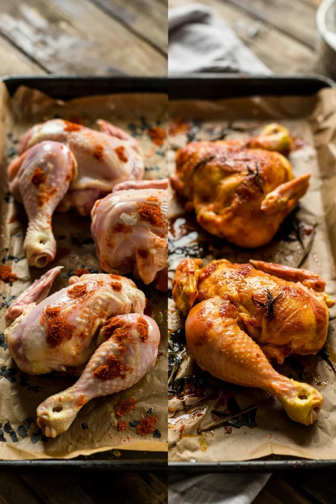 Before and after comparison of raw and baked gluten-free chicken hindquarters