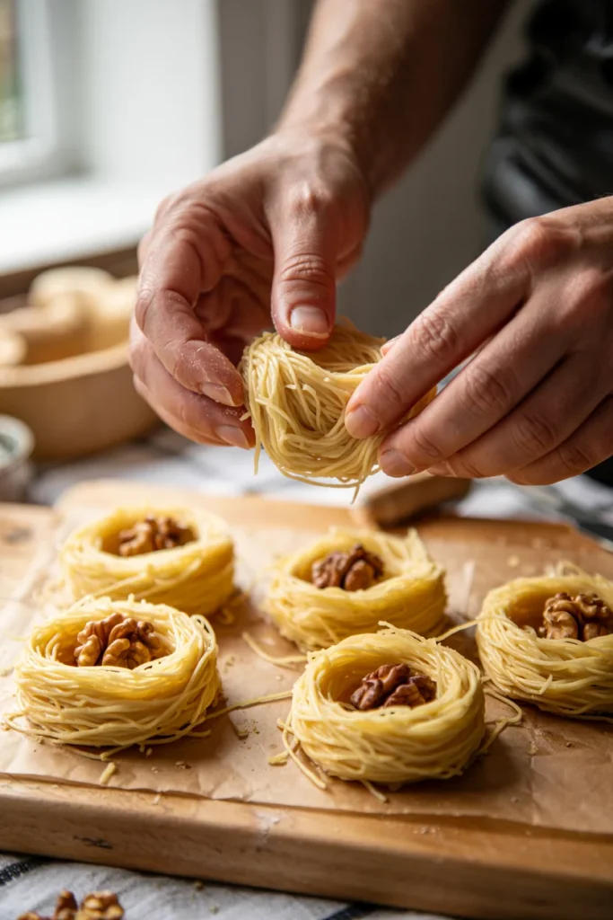 Hands assembling gluten-free kataifi nests