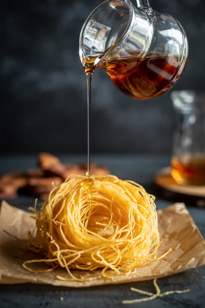 Honey syrup being poured over hot gluten-free kataifi dessert