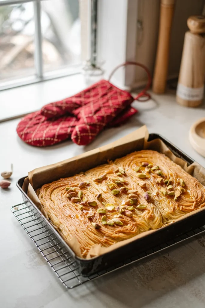 Pan of freshly baked golden gluten-free kataifi